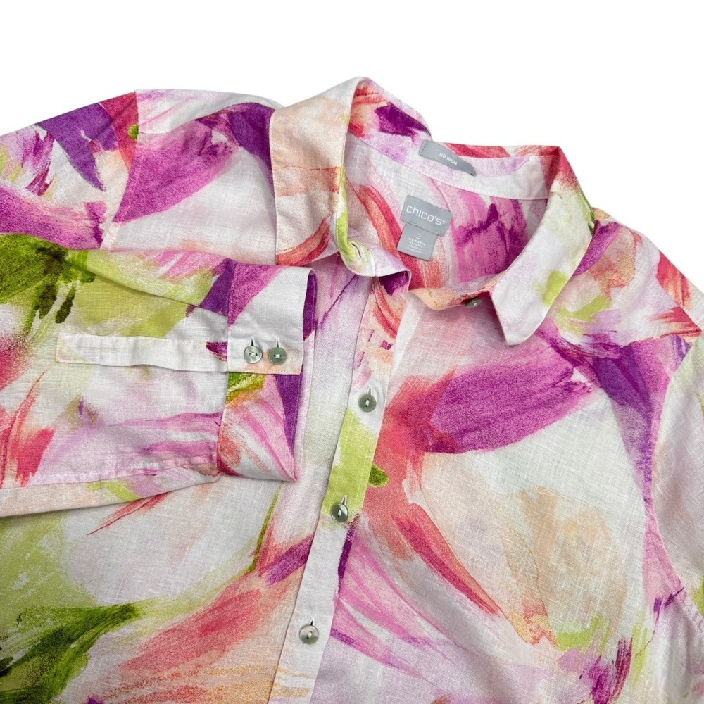 Chico's Linen Button Up Shirt Womens 2 Lg/12 Pink Abstract No Iron 3/4 Sleeve
